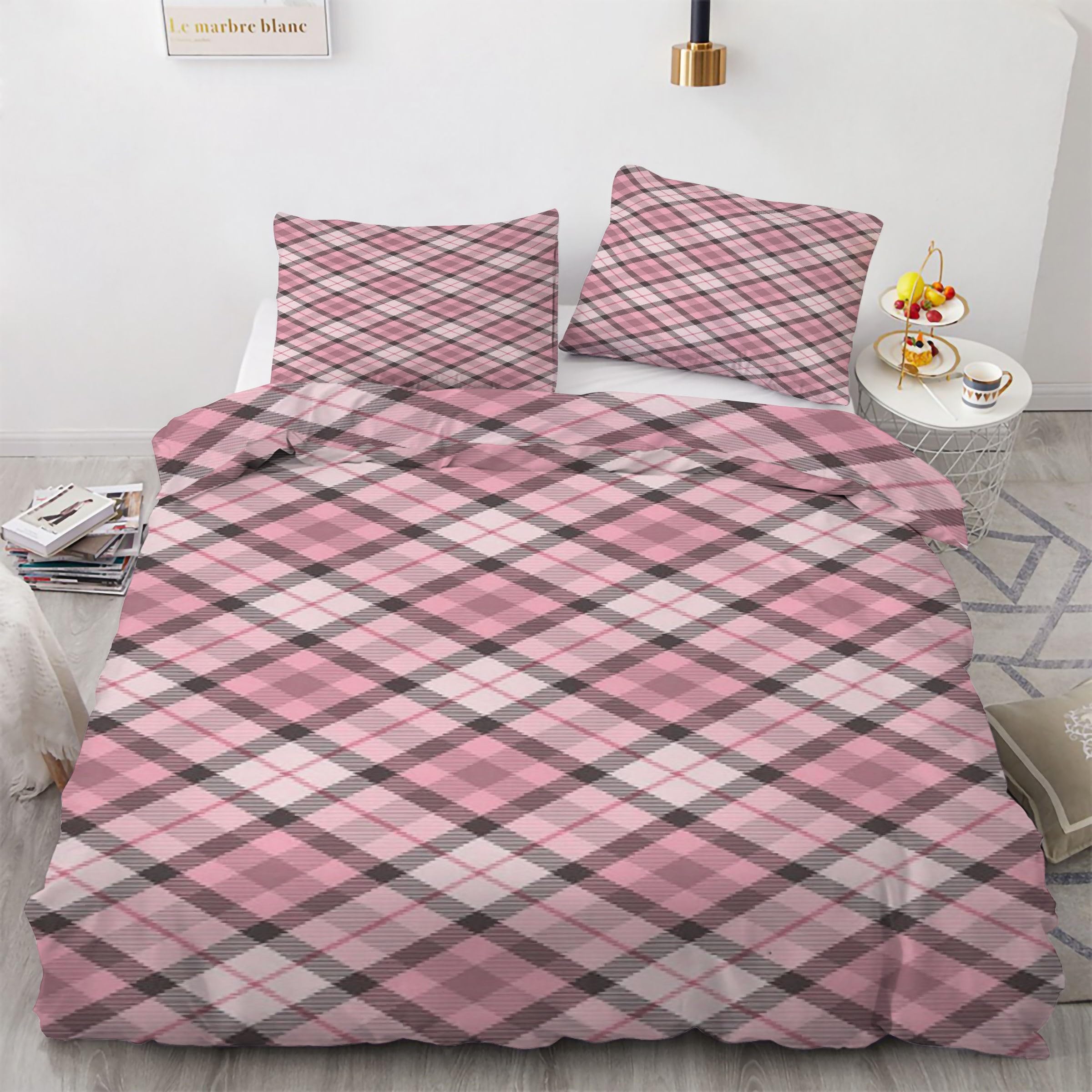 Housse de Couette 200x200 Rose Treillis avec 2 Taies d'Oreiller Literie Microfibre Kg562