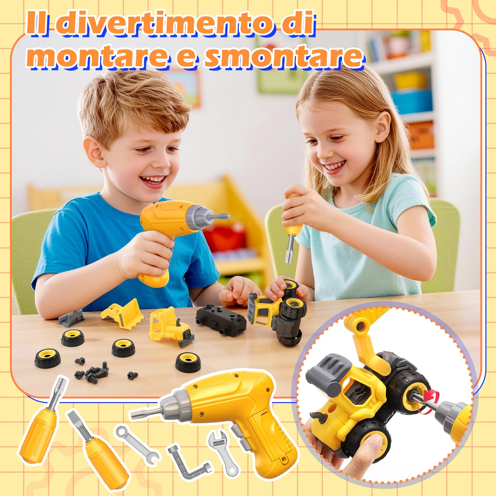 Giocattoli per Bambini Maschi 3-5 Anni: Banco da Lavoro con Trapano Elettrico Realistico, Veicoli da Costruzione Smontabili e Costume, Giochi Imitazione Educativi, Regalo Compleanno per Bambini