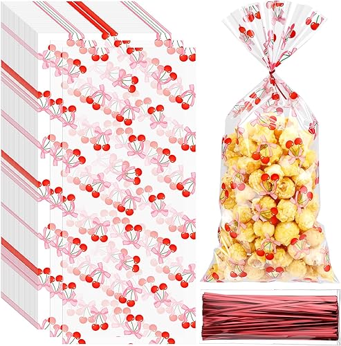 Yexiya 100 bolsas de regalo transparentes de celofán con lazo de cereza, bolsa de regalo con lazos rosados impresos, bolsas de plástico para