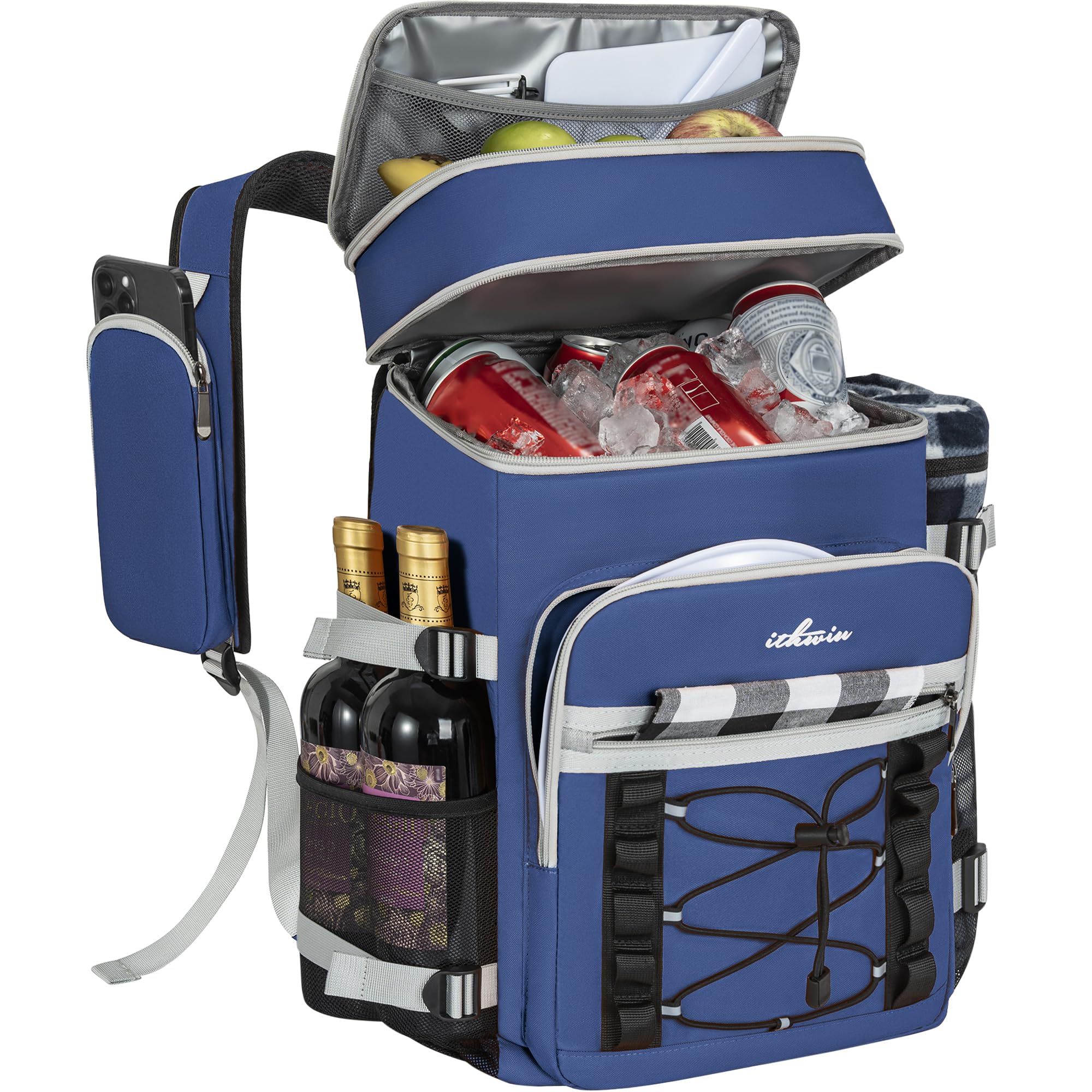 OUUTMEE 30L 40-Can Cooler Picnic Backpack Cool Bag, Insulated Leakproof Waterproof Cooler Backpack, Picnic Lunch Box for Camping Hiking BBQ Beach, Blue