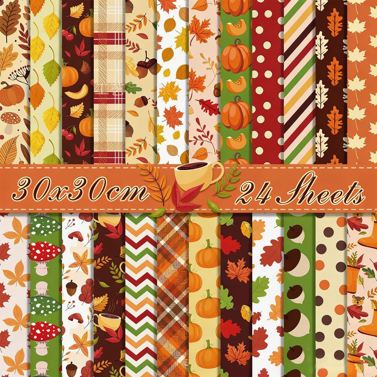 24Pcs Autumn Scrapbook Paper Set, Double Sided Patterned Paper