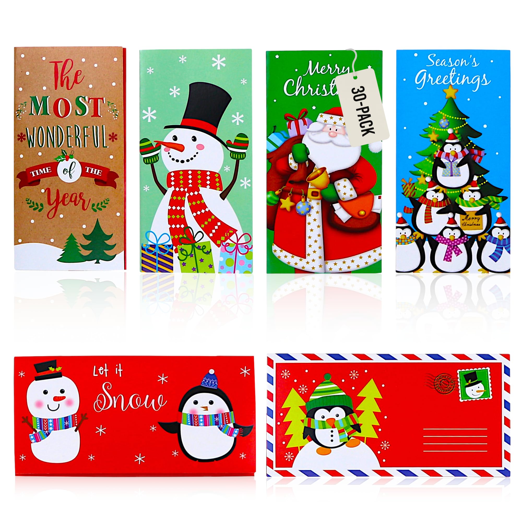 Iconikal 30-Pack Christmas Gift Card Money Holders with Envelopes 3.25x6.25-Inch 6 Festive Designs Holiday Cash Check Holder Party Favors