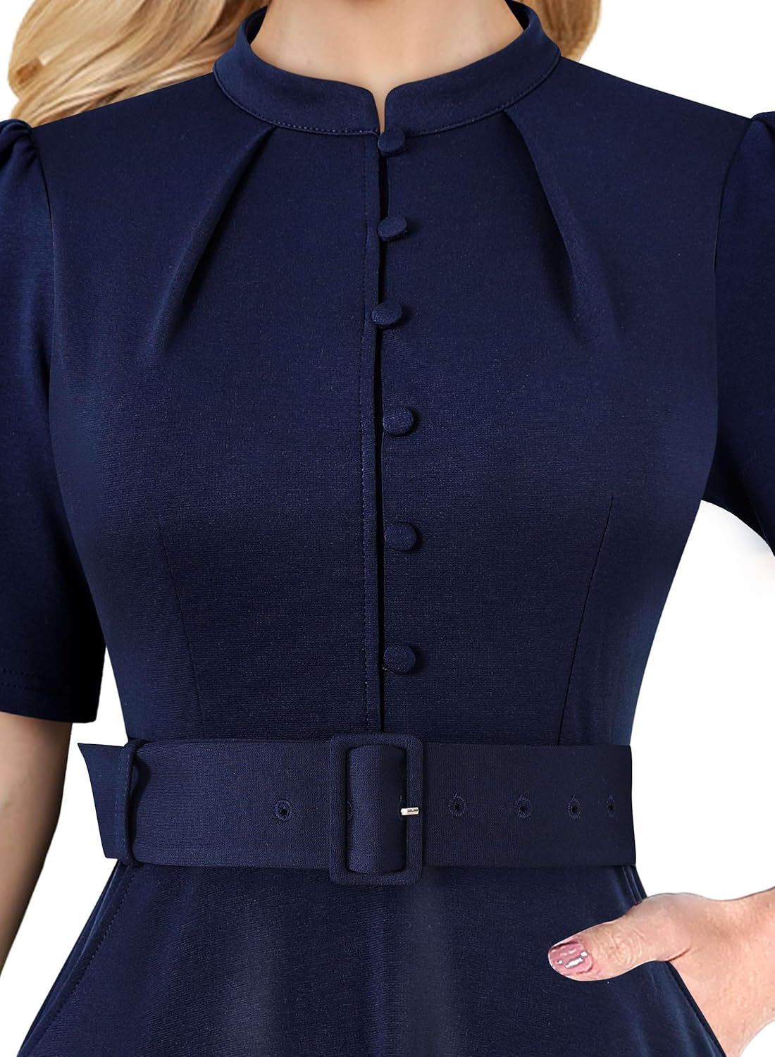 VFSHOW Womens 2024 Summer Work Business Dresses Belted Buttons Office Church Pockets Midi Fit and Flare A-Line Dress (Navy Blue, Small) 11357 BLU S - Image 3