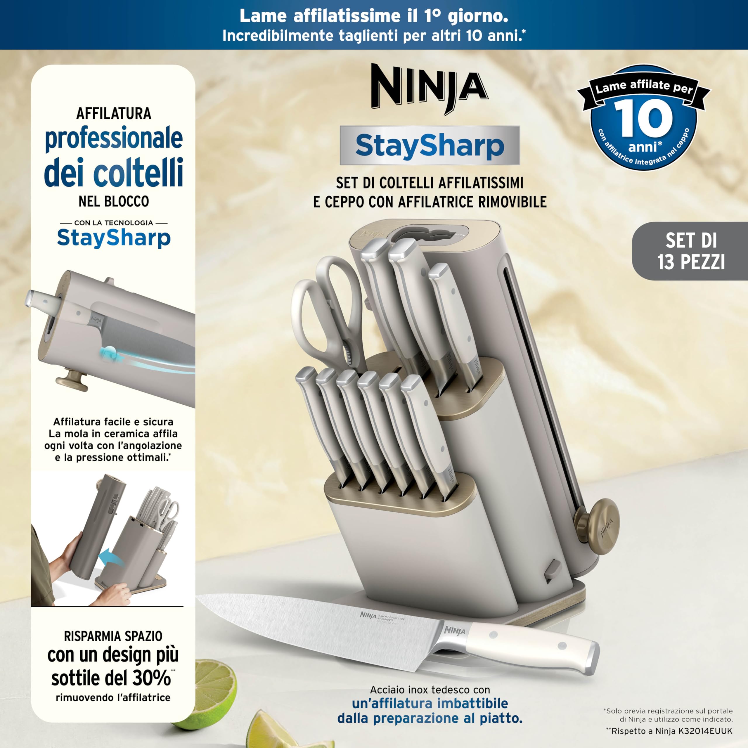 Ninja Set di coltelli StaySharp da 13 pezzi Oro chiaro, NK32013EUUKSD1 | con affilatrice rimovibile