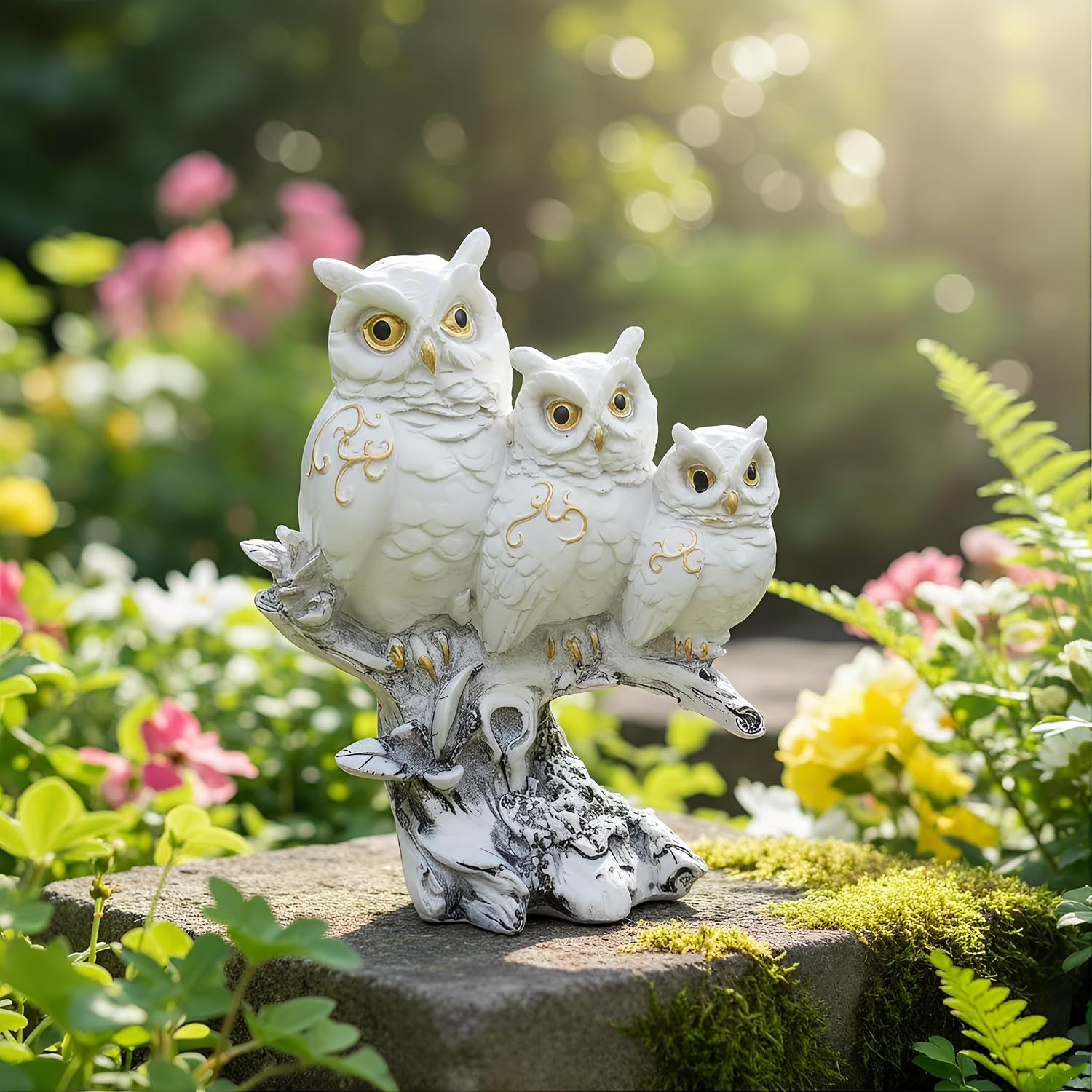 Resin Owl Statue for Garden: Set of 3 Vintage Family Owls on Branch Figurine for Outdoor Patio Home Office Decor-Owl Gifts for Women and Birds Lovers (White) image 3