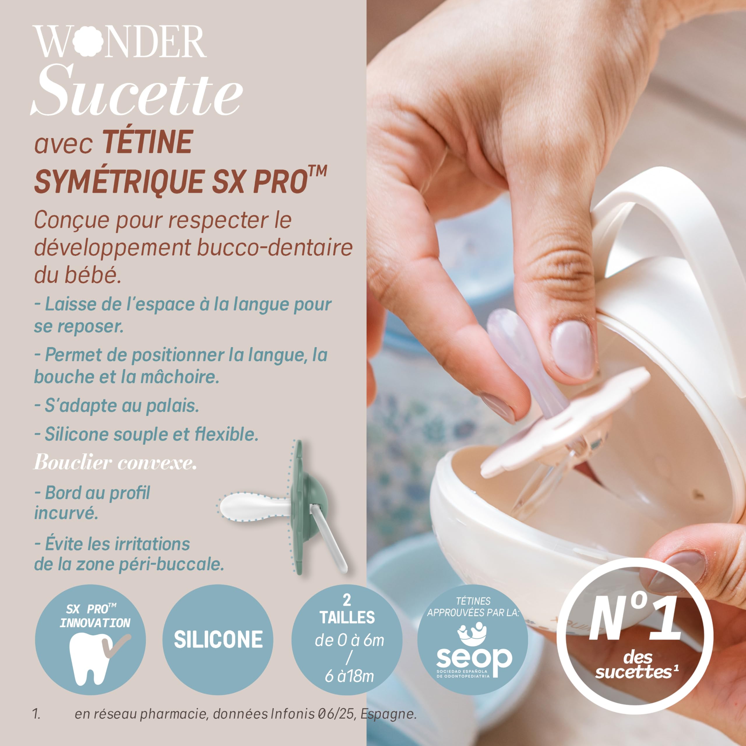 Suavinex, Sucette Bébé 6/18 Mois, Tétine Symétrique SX Pro en Silicone, Réversible, Plate et Flexible, Respecte le Développement Buccodentaire, Forme Ronde avec Anneau, Évite Irritations, Wonder Beige - 3