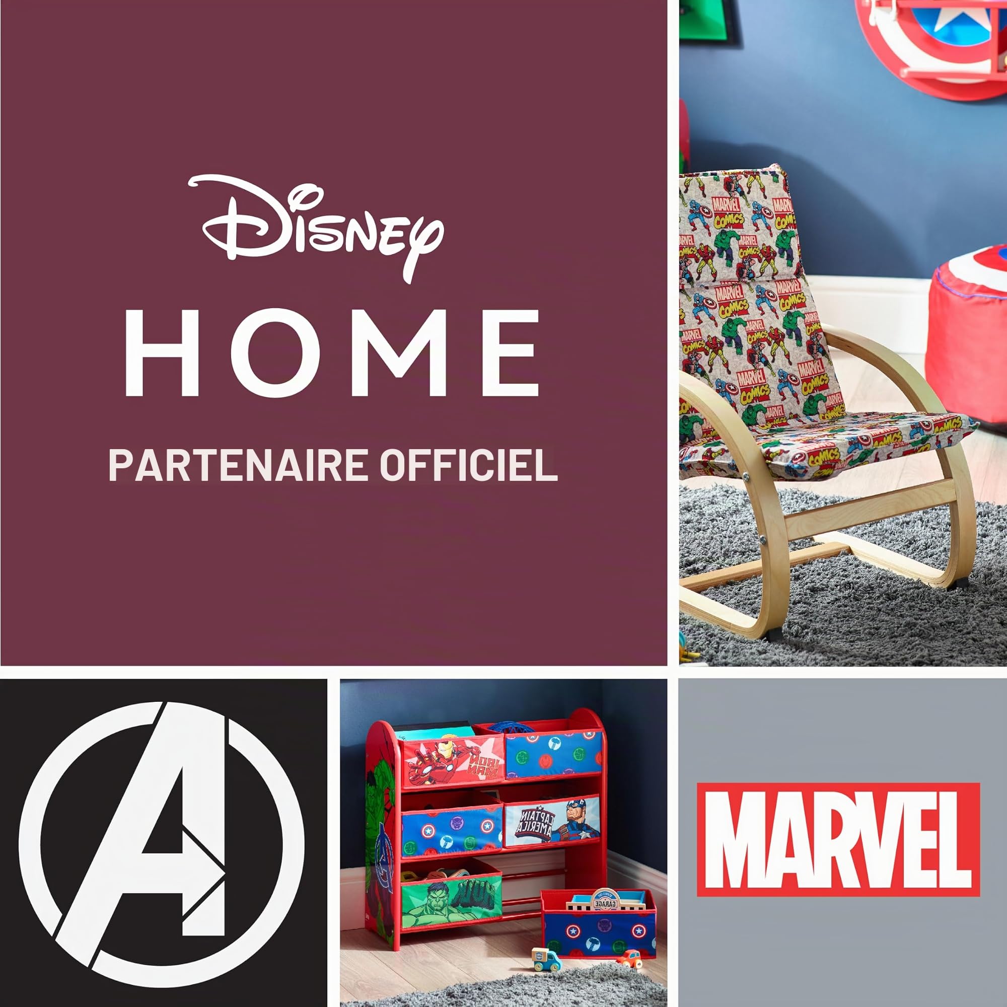 Marvel Avengers Meuble de rangement pour jouets : 6 boîtes de rangement pour chambre à coucher – Fabriqué en bois/tissu/métal – Assemblage et nettoyage faciles