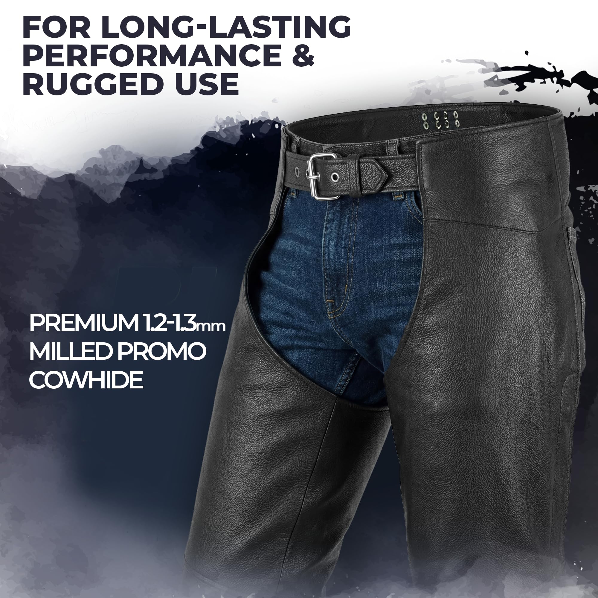 Daniel Smart Motorrad-Lederchaps für alle Jahreszeiten, Unisex, Biker-Chaps mit anpassbarer Passform