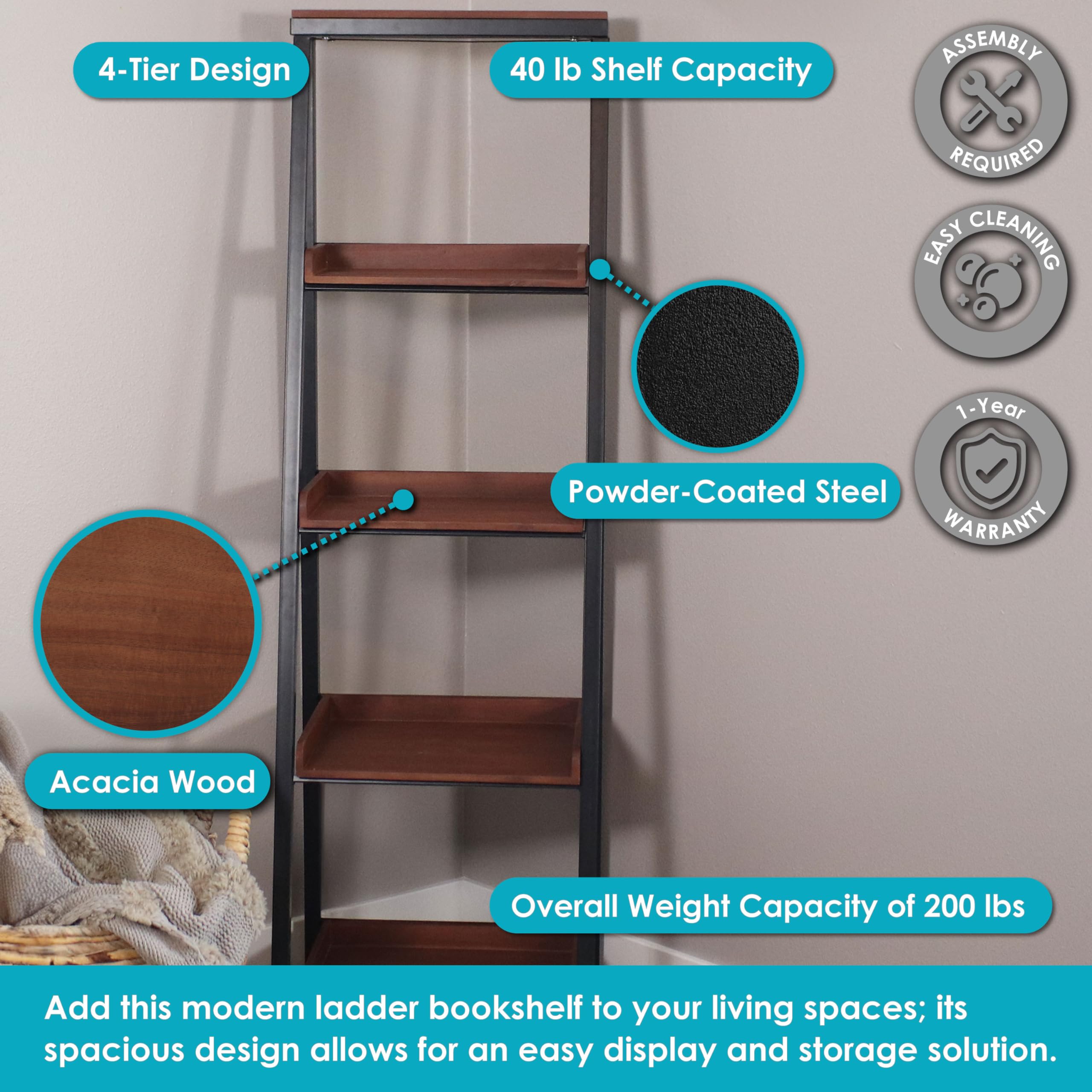 Amazon.com: Sunnydaze Indoor 4-Tier Leaning Ladder Shelf Bookcase