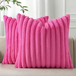 Pallene Faux Fur Plush Throw Pillow Covers 16x16 Set of 2, Luxury Soft Fluffy Striped Decorative Pillow Covers for Sofa, Couch, Living Room, Hot Pink
