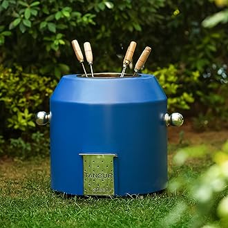 by Speedx- Charcoal Tandur with 4 Skewers | Home Cooking Tandoor Crafted with a Blend of Clay & Metal, (20x20x20) Inches, Cylindrical (Blue)