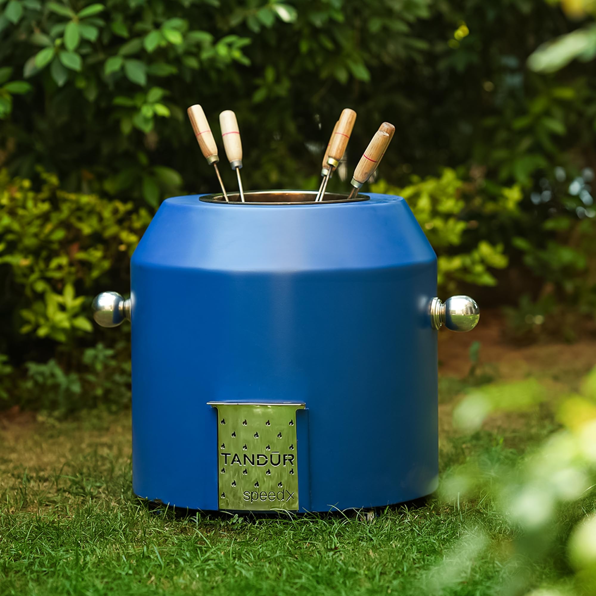 HAUS OF BARS by Speedx- Charcoal Tandur with 4 Skewers | Home Cooking Tandoor Crafted with a Blend of Clay & Metal, (20x20x20) Inches, Cylindrical (Blue)