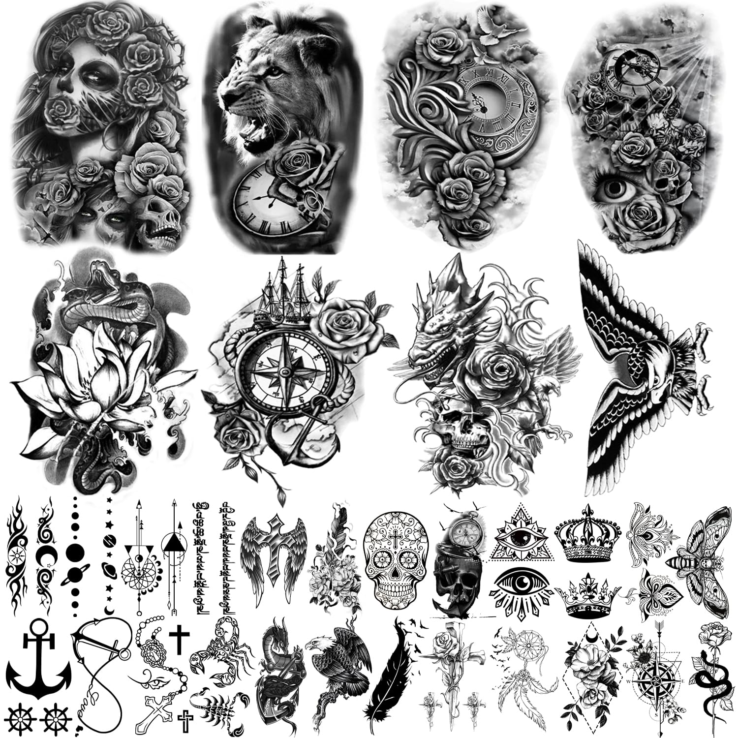 Yazhiji 32 Sheets Temporary Tattoos Stickers, 8 Sheets Fake Body Arm Chest Shoulder Tattoos for Men Women with 24 Sheets Tiny Black Temporary Tattoos