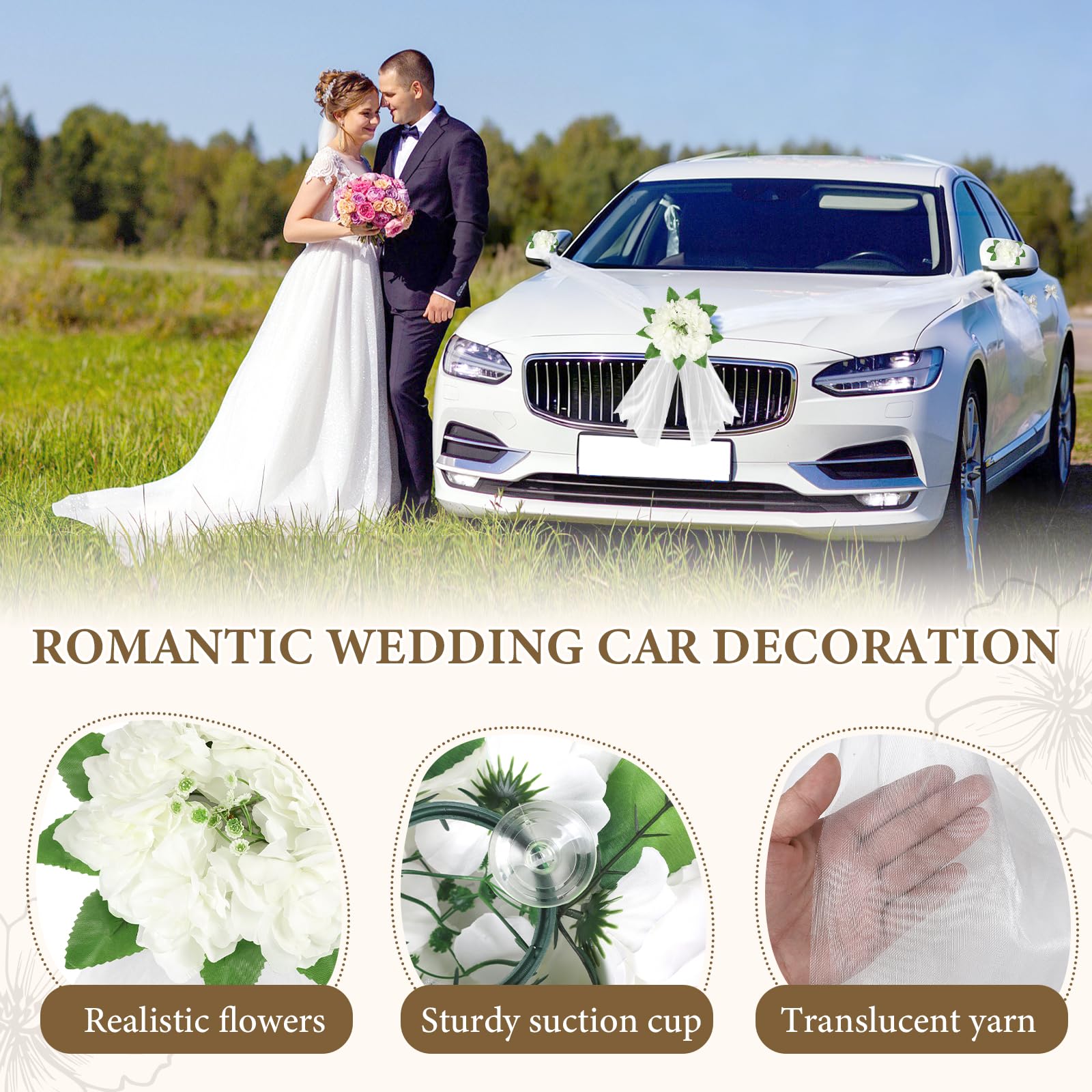 Decorazione Auto Matrimonio, Set con 1 Fiore per Paraurti Anteriore, 1 Nastro di Tulle (4,7m), 2 Fiori per Specchietti, 4 Nastri Decorativi, ecc. – Adatto alla Maggior Parte dei Modelli