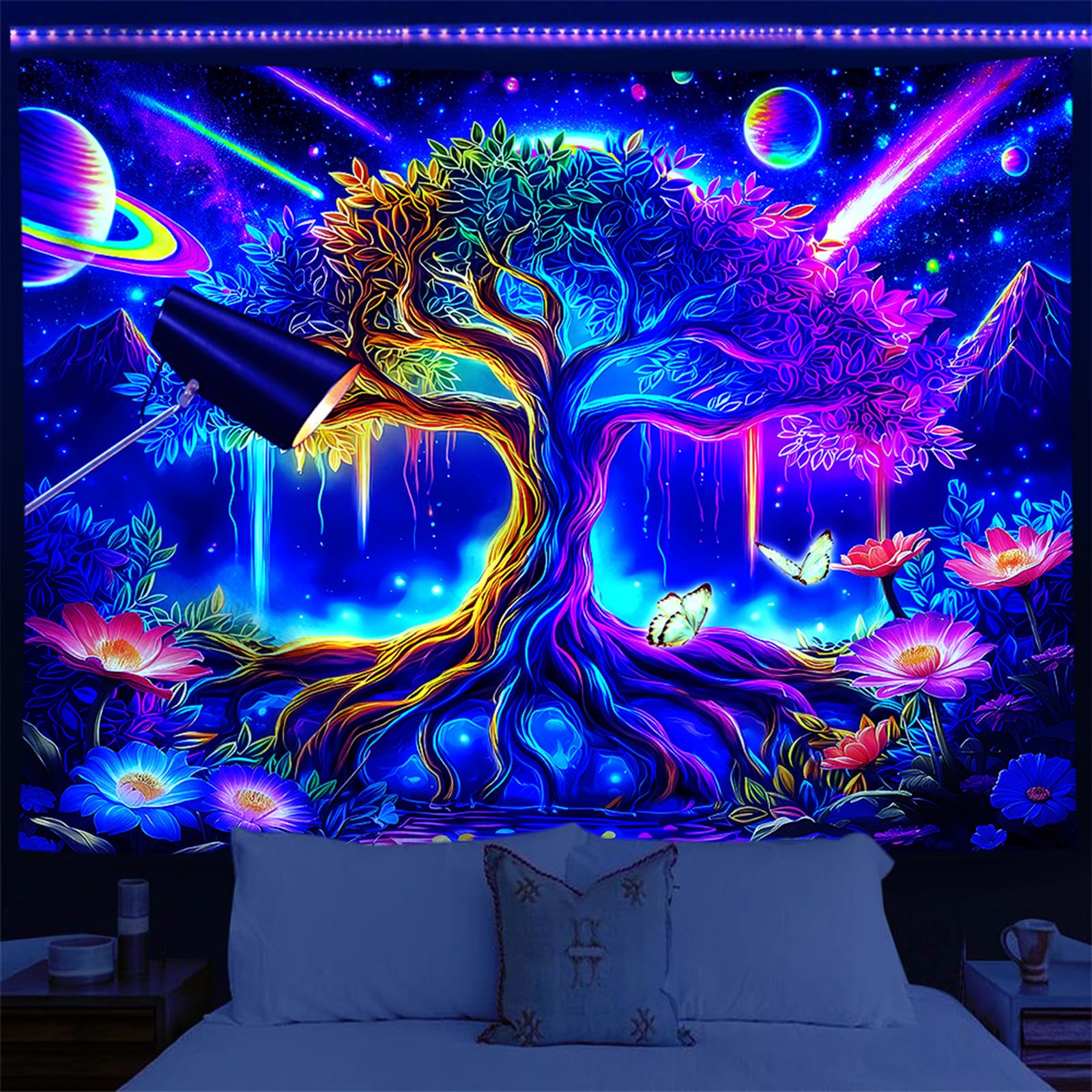 Yosugar Blacklight Reactive Wall Tapestry,Colorful Tree of Life Tapestries, Glow Under UV Light Decorative Wall Hanging for Bedroom, Dorm and Living Room (Tree of Life, 150x130cm)