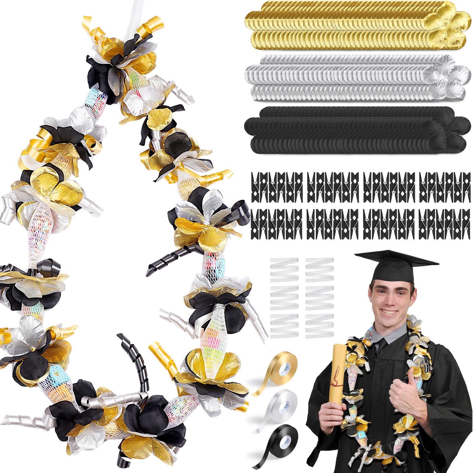Unittype 6 Sets 2026 Graduation Candy Lei Making Kit DIY Lei Netting Tubing Include 5 ft Mesh Bag 3 Rolls of 98 ft Ribbon 216 Pcs Flower Pieces for