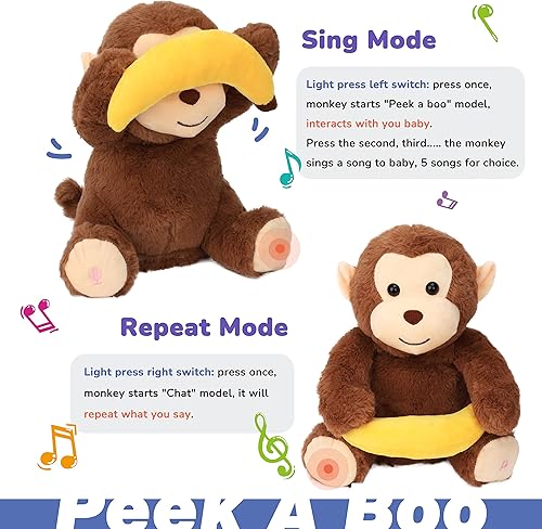 Miniatura 4 de Hopearl Peek A Boo Mono con plátano interactivo repite lo que dices, juguete de peluche musical que canta y habla, adorable animal eléctrico animado