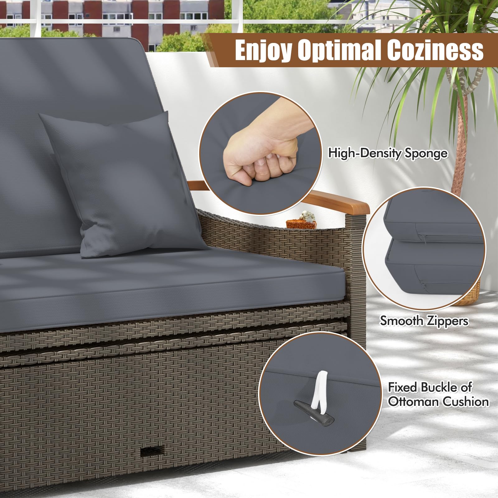 GIANTEX Divano da Giardino in Rattan a 2 Posti con Funzione Allungata, Set di Mobili in Rattan con Sgabello, Doppia Sedia a Sdraio per 2 Persone, 3 Colori (Cuscino Grigio)