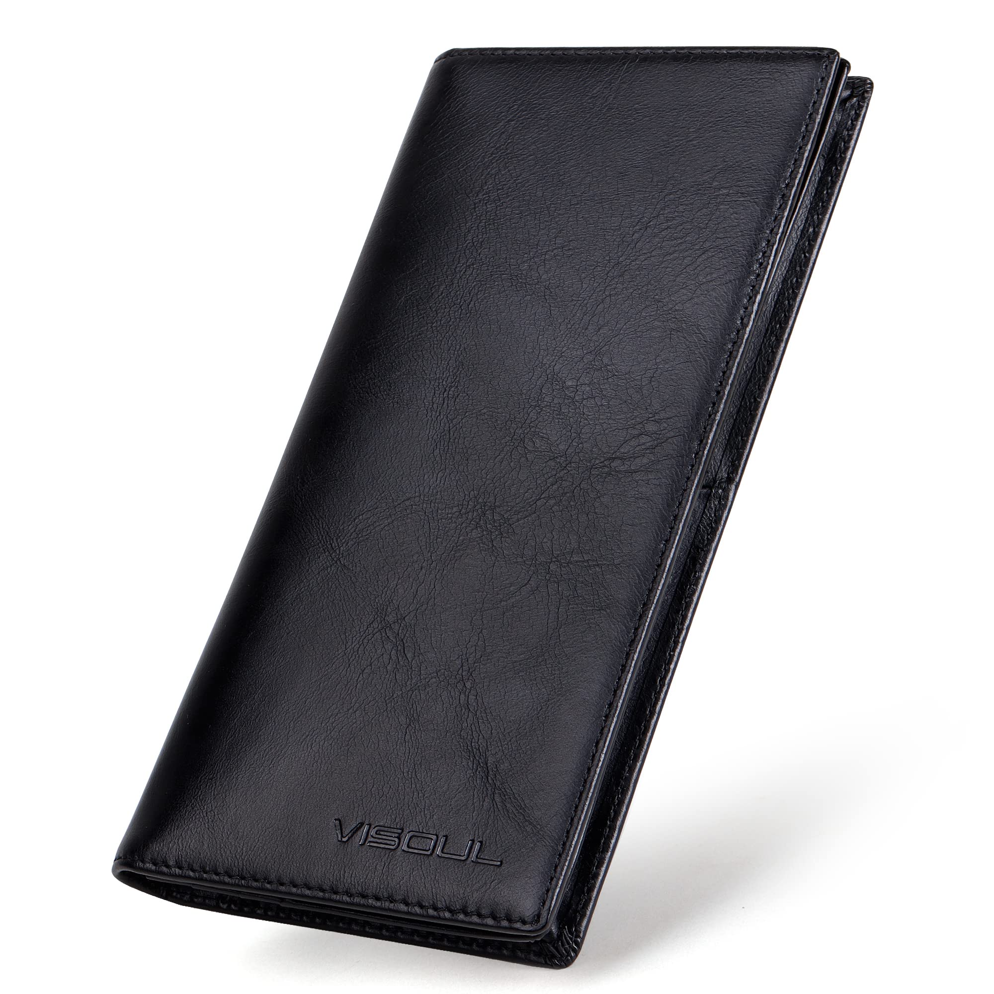 Mens Leather Long Checkbook Bifold Wallets with RFID Blocking, Breast Pocket Tall Billfold Secretary Wallet for Men with Card Slots (Black)