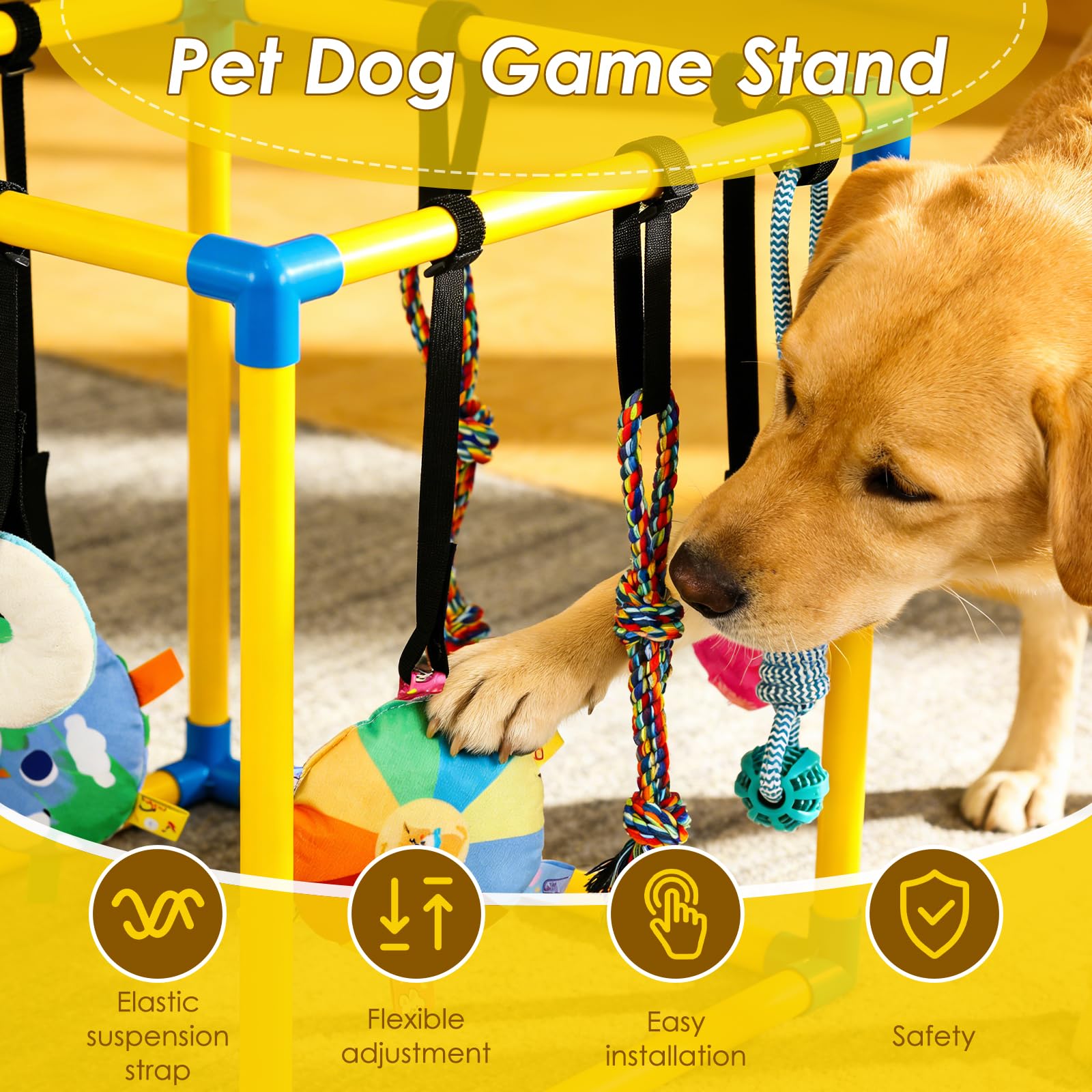 Welpen Spielzeug Set für drinnen, 50x50x50cm Welpen Spieltrapez mit 8 hängenden Kauspielzeugen & Klettverschlüssen, PVC-Rahmen zur Zahnung & Beschäftigung für kleine Hunde