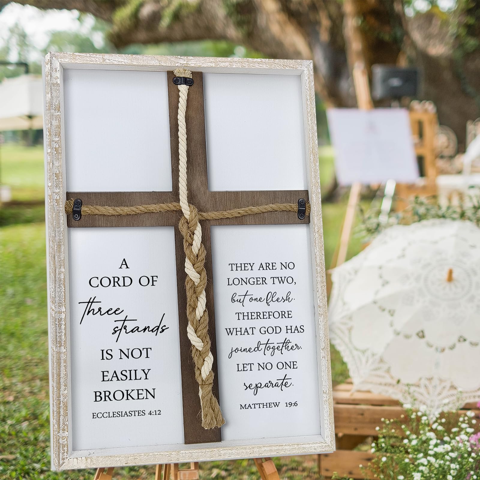Un cordón de tres hebras de letrero de boda de 22 x 16 pulgadas, tres hebras de cruz de unidad, decoración de pared, aniversario, regalos religiosos para parejas, cruz para trenzar o atar el nudo de