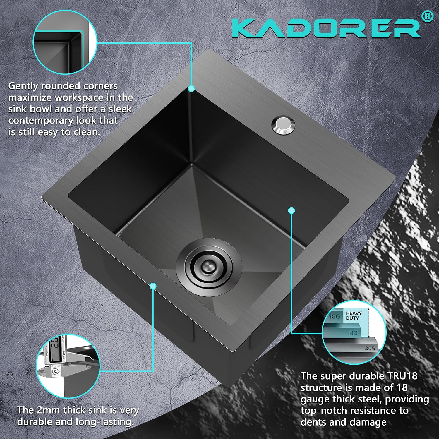 15 x 15 x 9 Inch Black Drop In Kitchen Bar Sink, Small Kitchen Sink Single Bowl Topmount Bar Prep Sink 18 Gauge Stainless Steel Bar Sink with Grid and Basket Strainer
