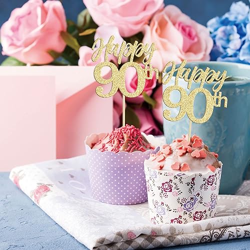 Miniatura 5 de Gyufise 24 adornos para cupcakes con purpurina número 90, noventa y noventa a 90 cupcakes, decoraciones para 90 cumpleaños, bodas, aniversarios,