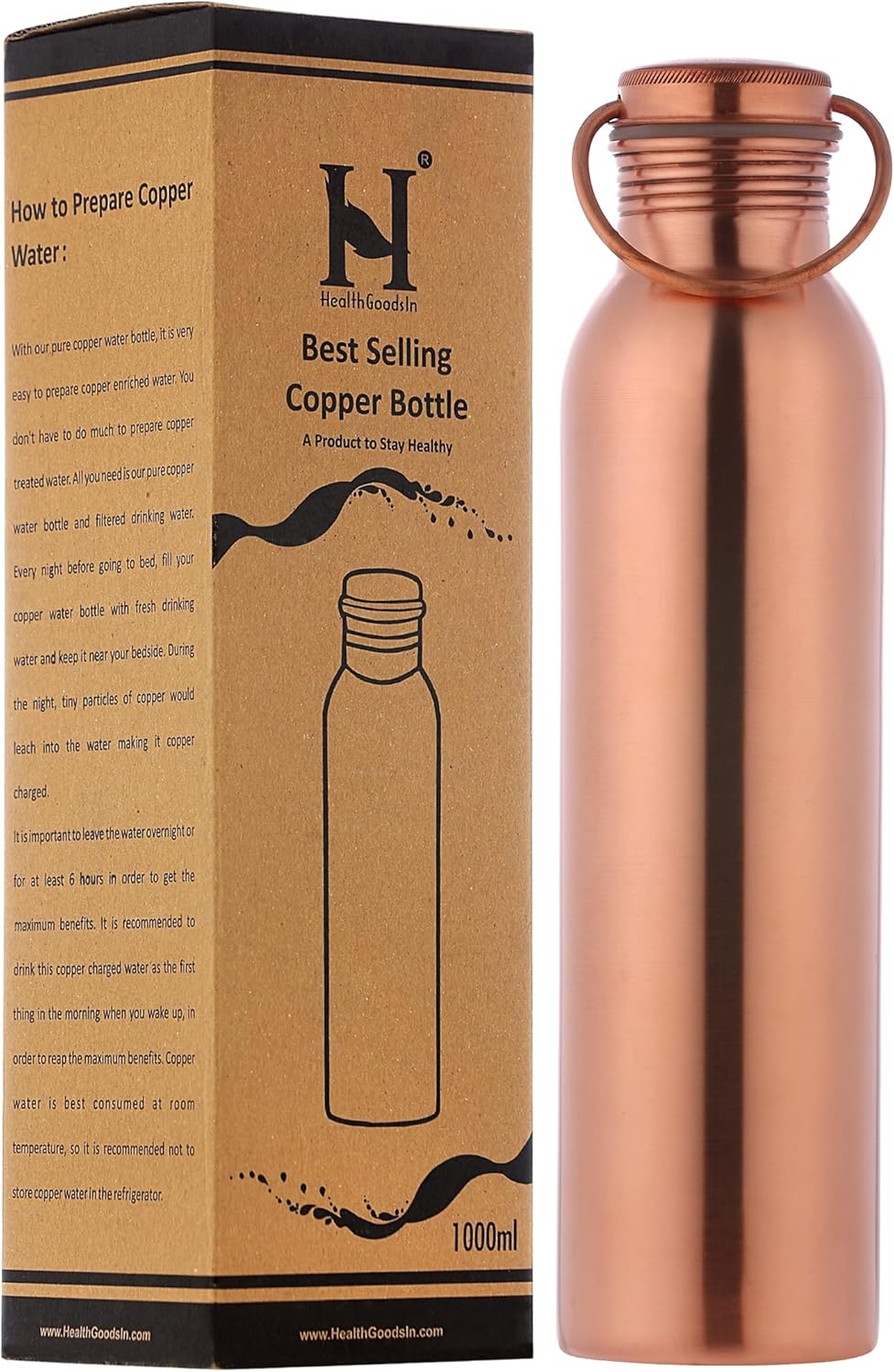 Premium Pure Copper Water Bottle Matte Finish – 1000 ml Eco-friendly for Ayurveda Health Benefits – Leakproof Design – Stylish Reusable Bottle for Fitness & Hydration