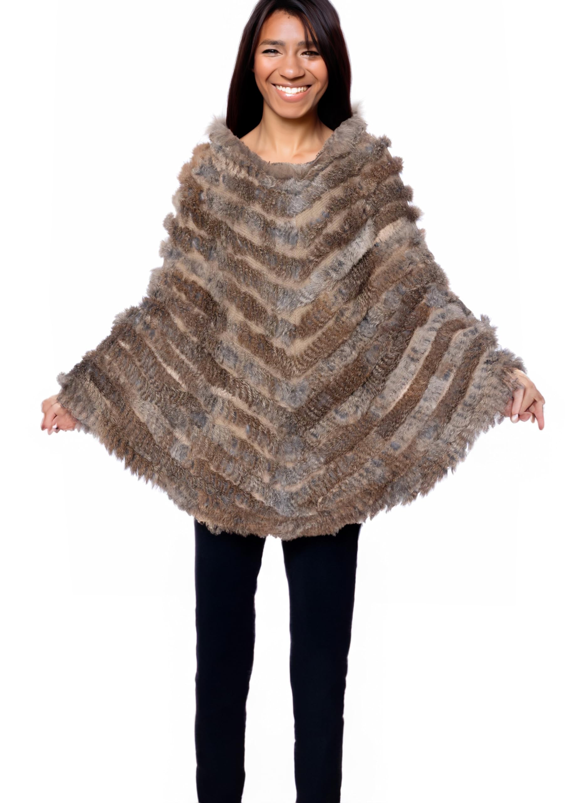 Naturale Pullover a maglia Pelliccia di coniglio Poncho Con Raccoon Fur