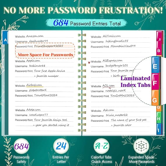Password Book with Colorful Alphabetical Tabs, Spiral Password Keeper Book for Seniors, (Turquoise)