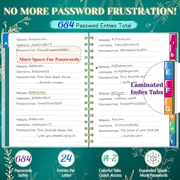 Password Book with Colorful Alphabetical Tabs, Spiral Password Keeper Book for Seniors, (Turquoise)