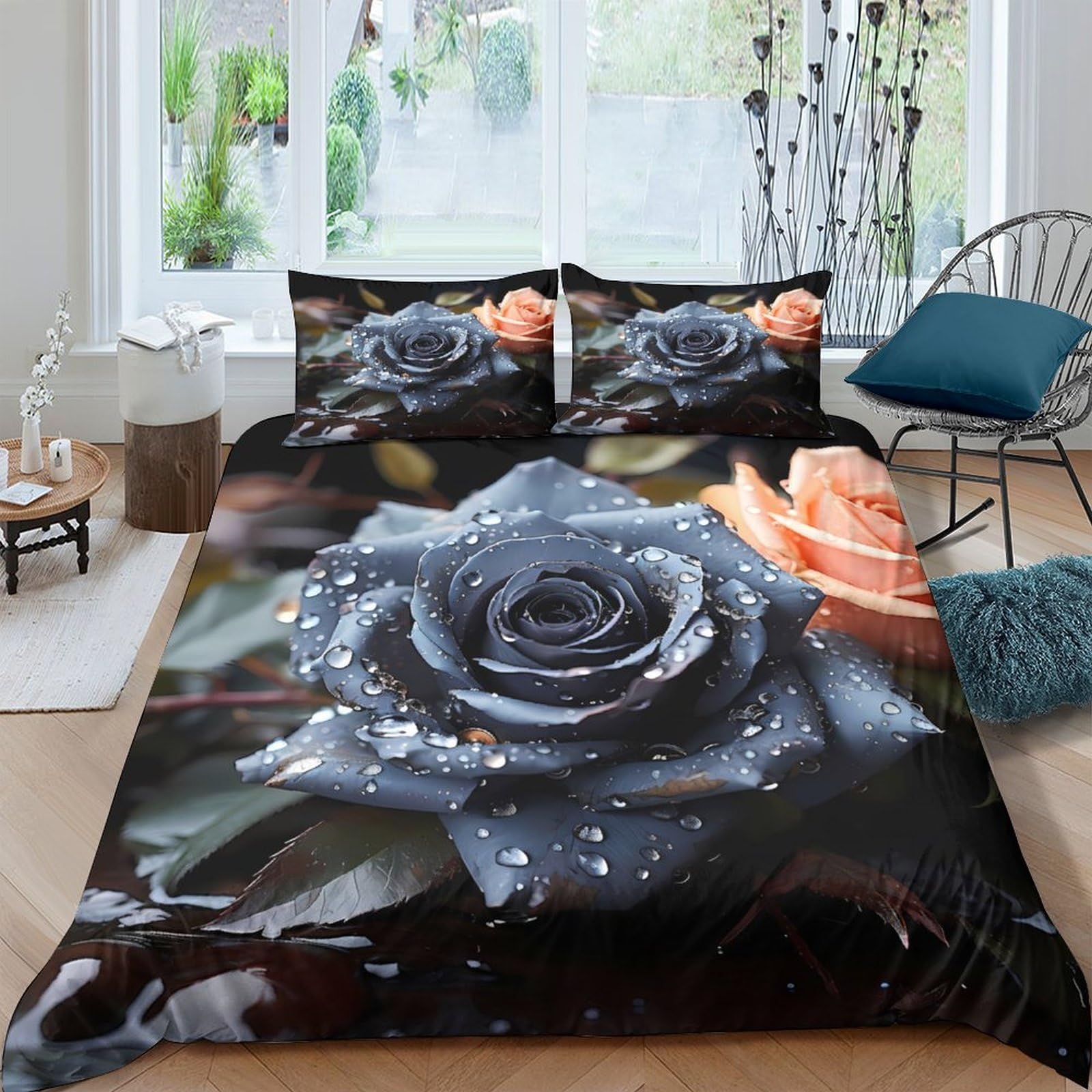 UNRXJZLVM Black Rose 3D Bedding Set Microfiber Aesthetic Teen Room