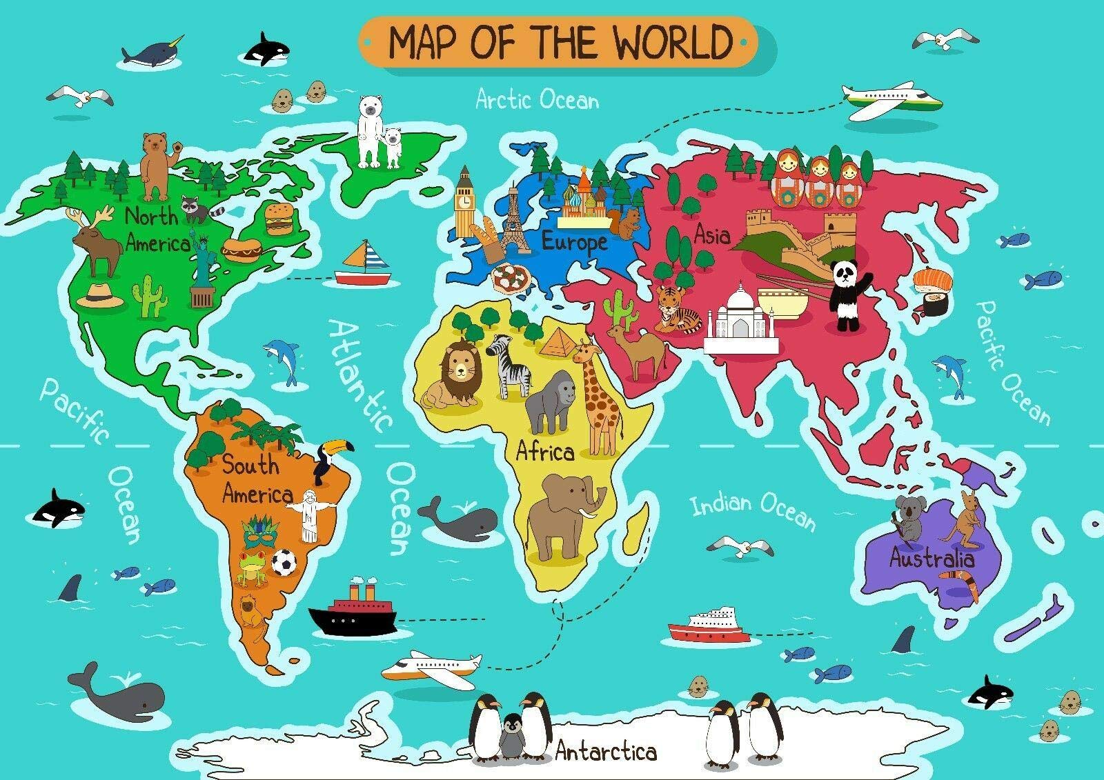 Stukk White Cartoon Animal World Map Kids Bedroom Poster - A4 (210 X 297Mm)