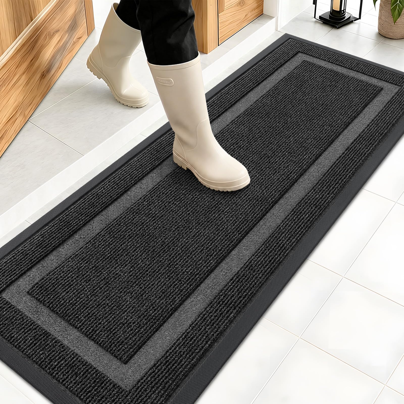 OLANLY Front Door Mat Outside 47x17, All-Season Heavy-Duty Rubber Doormat | Black, Absorbent, Stain and Fade Resistant, Waterproof Non-Slip Backing, Low-Profile Indoor Outdoor Floor Mat for Entryway