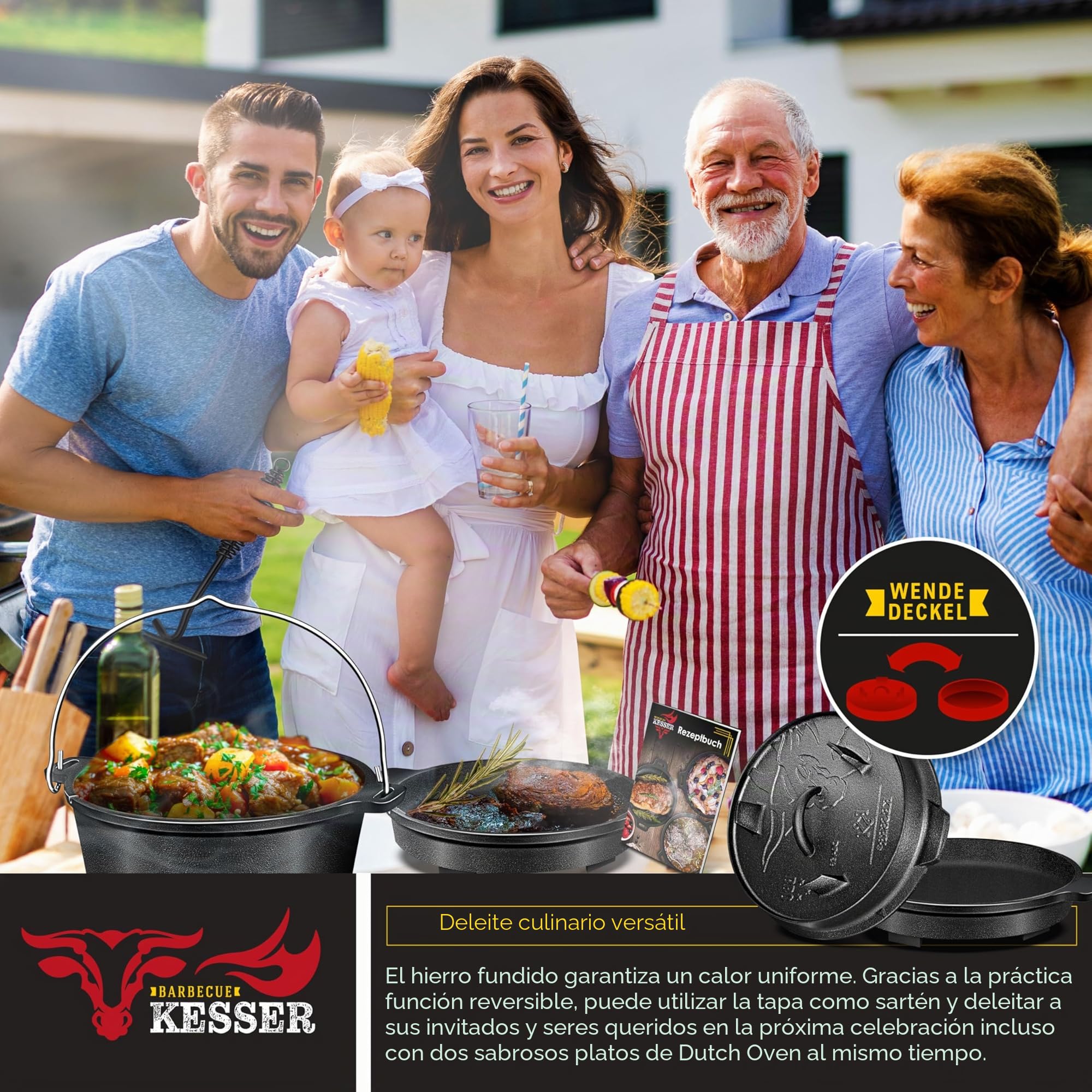 KESSER® Juego de horno holandés para barbacoa, 12 litros, olla para hoguera con posavasos de acero inoxidable, olla de hierro fundido con elevador de tapa, asa y ranura para termómetro