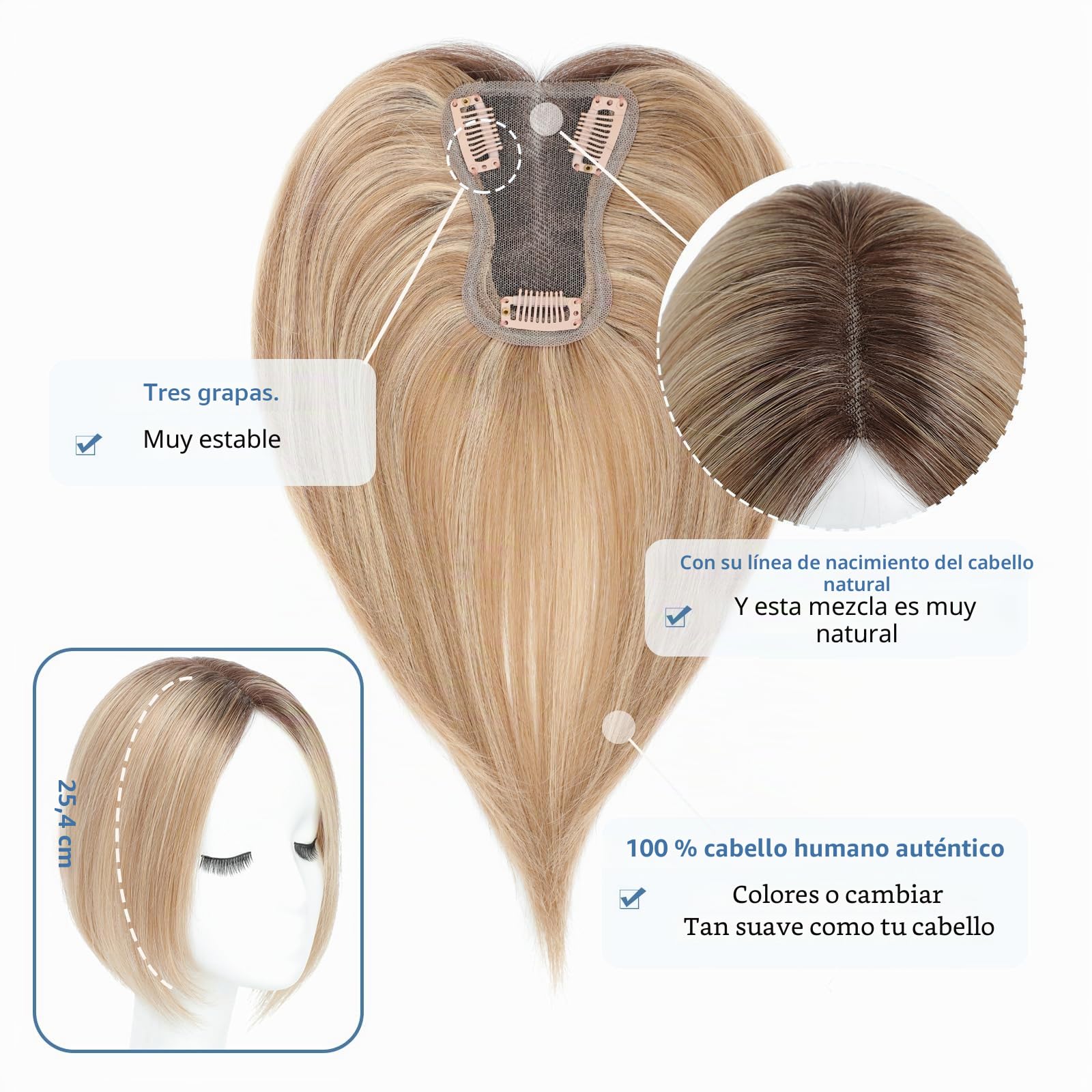 Toppers para el cabello humano para mujer, toupets ligeros para mujeres, 100 % atados a mano, clip en postizo para cabello fino, parte superior de la cabeza, mullido, liso, sin flequillo (4T10/16#)