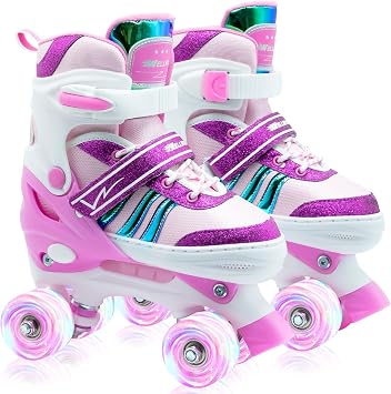 Kids Roller Skates, 4 Adjustable Rollerskates with Light Up Wheels, Child Roller Skates for Girls Boys, Children Beginners for Outdoor Indoor Sports