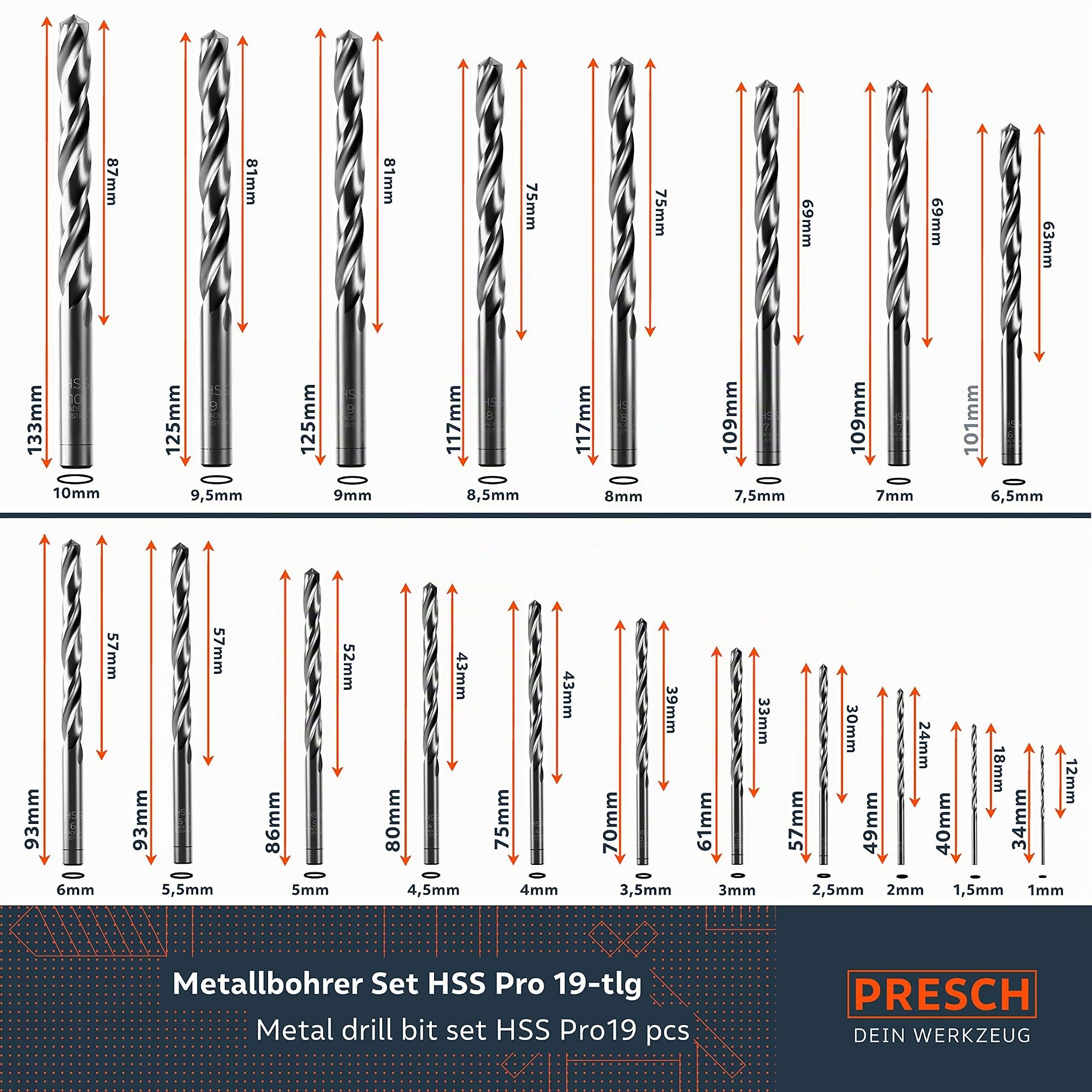 Presch Jeu de 19 Forets à Métaux HSS Pro - Forets Acier Professionnel Haut de Gamme Pros pour Acier, Alu, Cuivre et Laiton - Lot de Forets Métal Professionnel - Ø 1-10mm