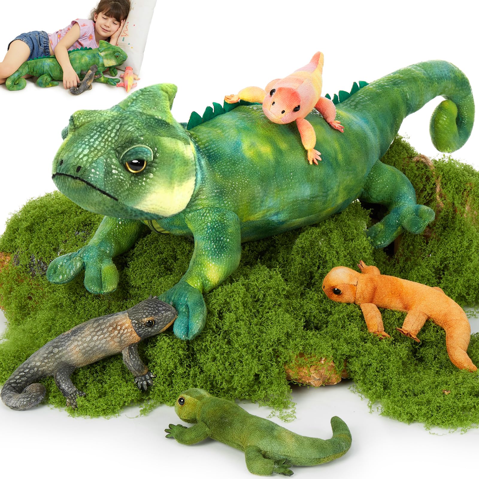 Lizard Stuffed Animal with 4 Baby Lizard Inside,Iguana Plush for Babies Kids Boys Girls,Surprise Gift for Birthday Christmas,26.7”