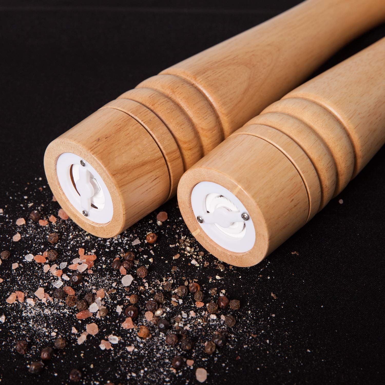Molinillo de Pimienta y Sal. Molinillo de cerámica duro y ajustable. Madera de caucho, Altura de 30 cm