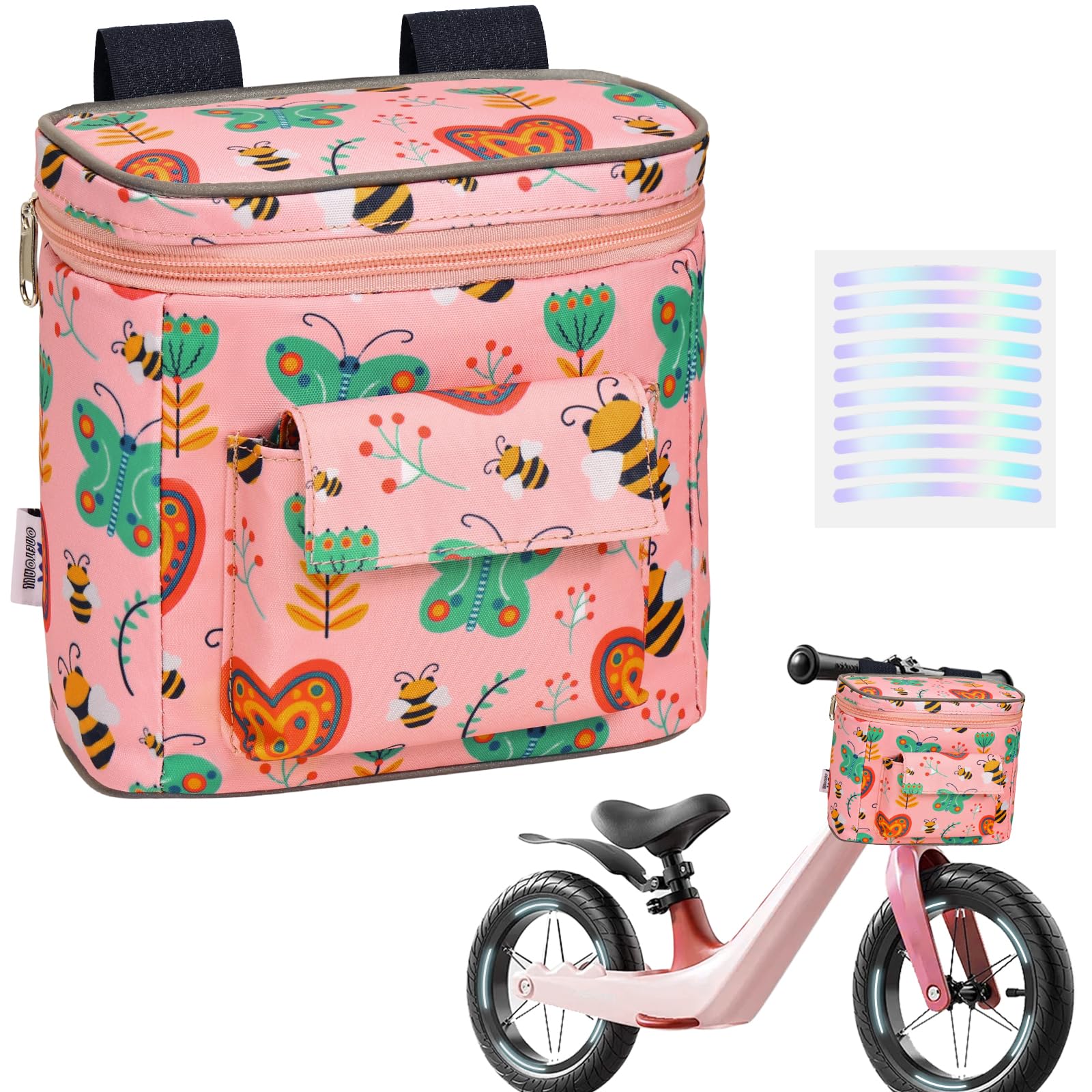 LOCAL LION Kids Bike Basket, Bike Handlebar Bag, Waterresistant Bicycle Basket, Thickened Bicycle Front Bag For Children's Balance Bike Tricycle Scooter, Pink-Bee — image 1