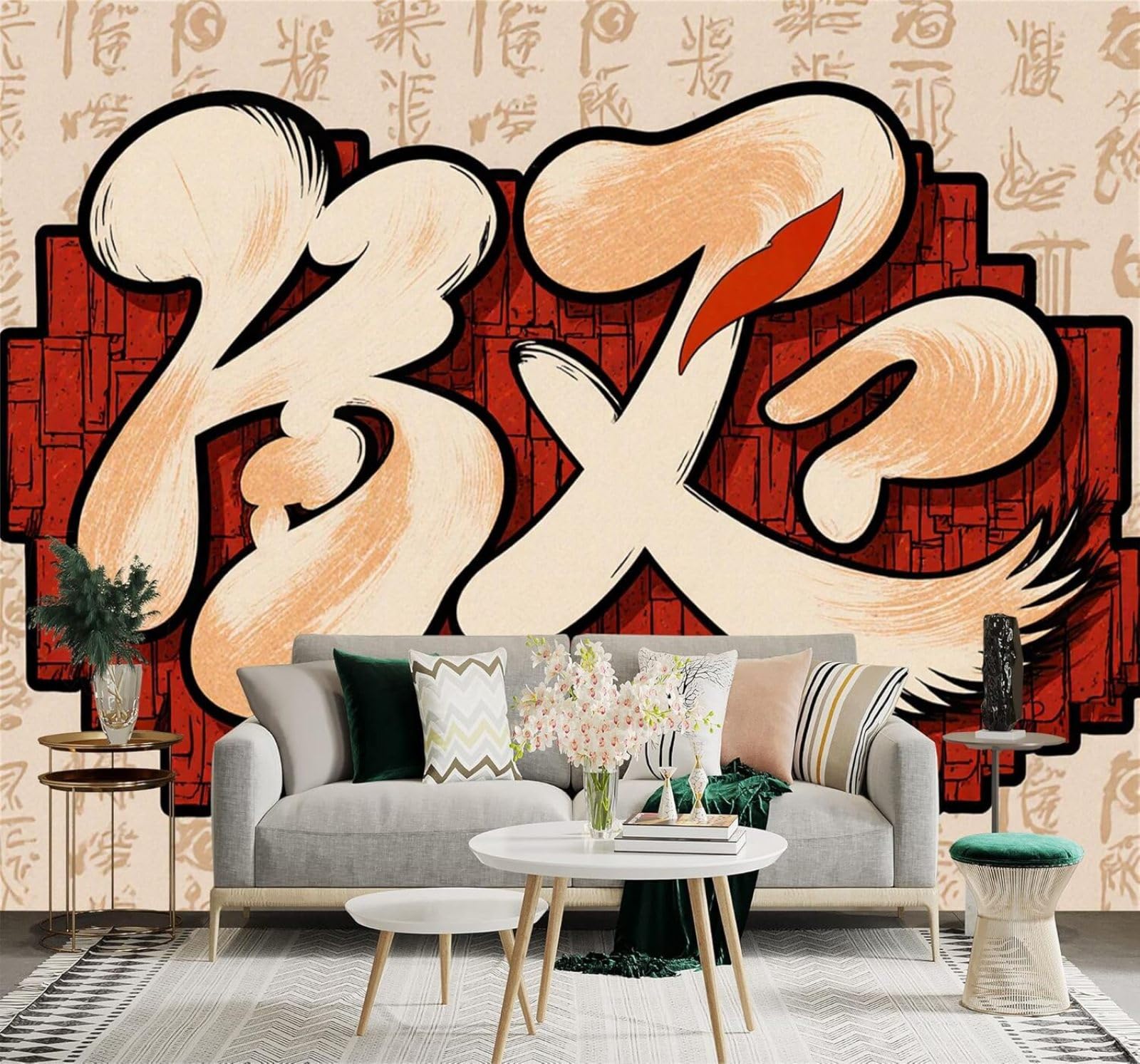 XLMING Abstract Red Brick Wall Hand Drawn Calligraphy Art 3D Wallpaper Silky Texture Home Study Office Grey Dining Room Sofa Bedroom Living Room TV Backdrop-350cm×256cm