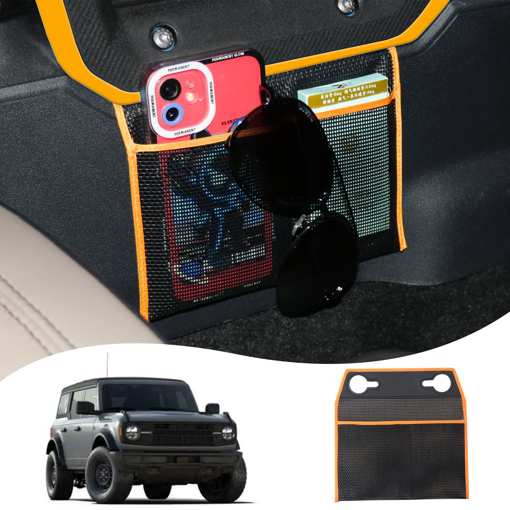 Photo 1 of JHD-TOGO Passenger Storage Bag Center Console Mesh Storage Pocket for 2021 2022 Ford Bronco Interior Accessories 2/4 Door Seat Organizer Bag, with Yellow Edge Black Yellow