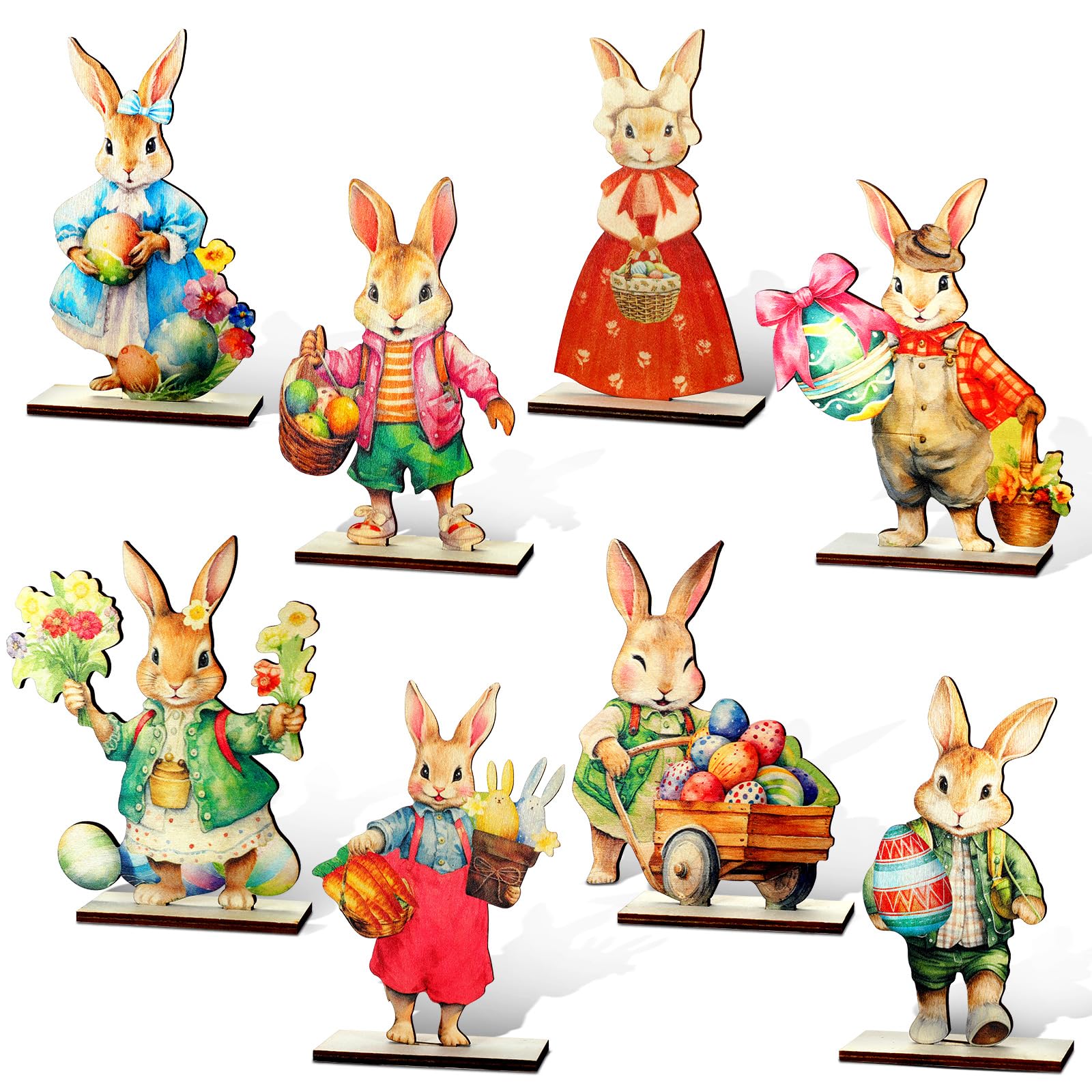DoubleFill 8 Pcs Easter Bunny Wooden Signs Table Decorations Vintage Rabbit Tabletop Centerpieces Rustic Farmhouse Decorative for Easter Spring Birthday Wedding Outdoor Picnic Party Supplies(Classic)