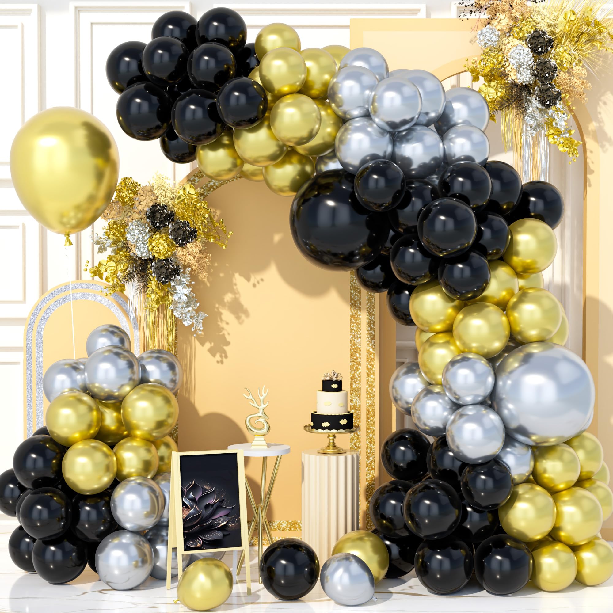 Teselife 126Pcs Black Gold Silver Balloon Arch Kit, Black Metallic