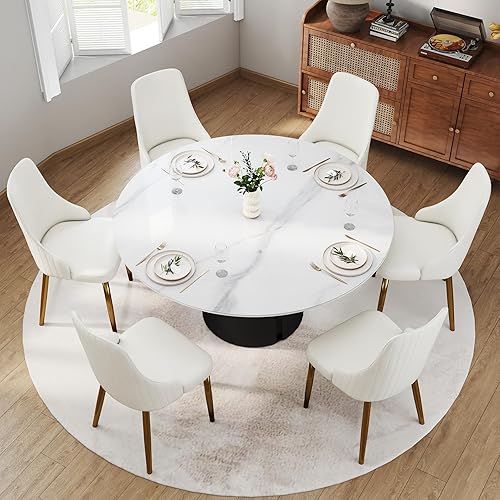 Miniatura 3 de Sdorens Mesa de comedor redonda moderna de 59 pulgadas, mesa de piedra sinterizada blanca con base de acero al carbono sólido, mesa de comedor de