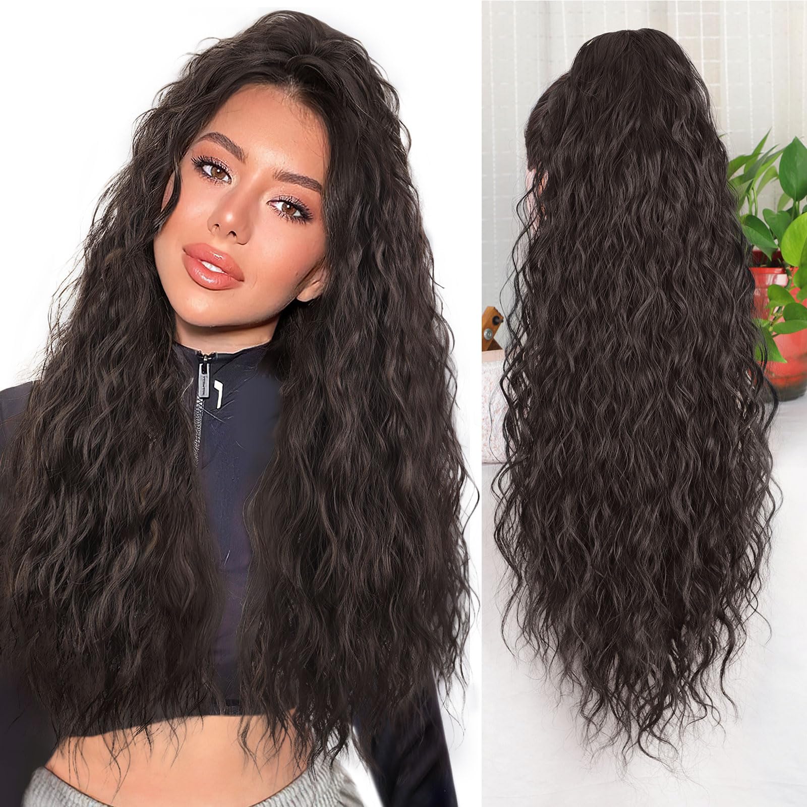QGZ Dark Brown Ponytail Extension 26 Inch Claw Clip Ponytail Extensions Long Wavy Curly Fluffy Pony Tails Hair Extensions Synthetic Hairpieces for