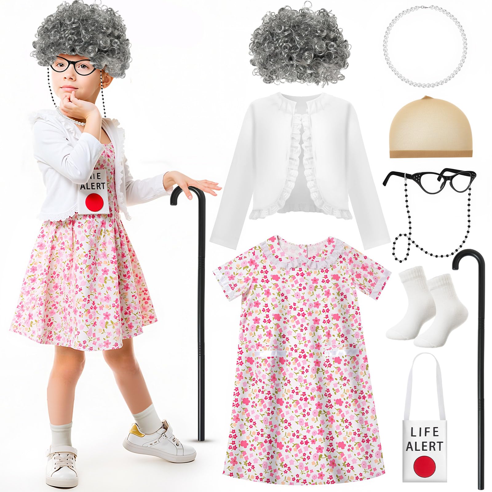 Photo 1 of **See Clerk Notes**Jamntower Old Lady Costume Kit 100th Day of School Girls with Nightgown Wig Cane & Other Halloween Cosplay(Small)