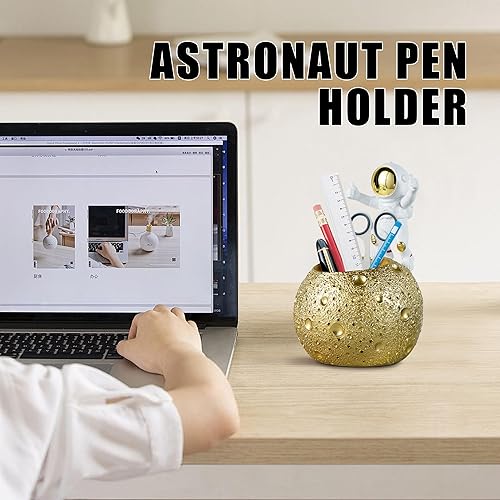 Miniatura 4 de Kimdio Soporte para bolígrafo, soporte de astronauta para soporte de lápices de escritorio, organizador de luna de escritorio de resina, accesorios