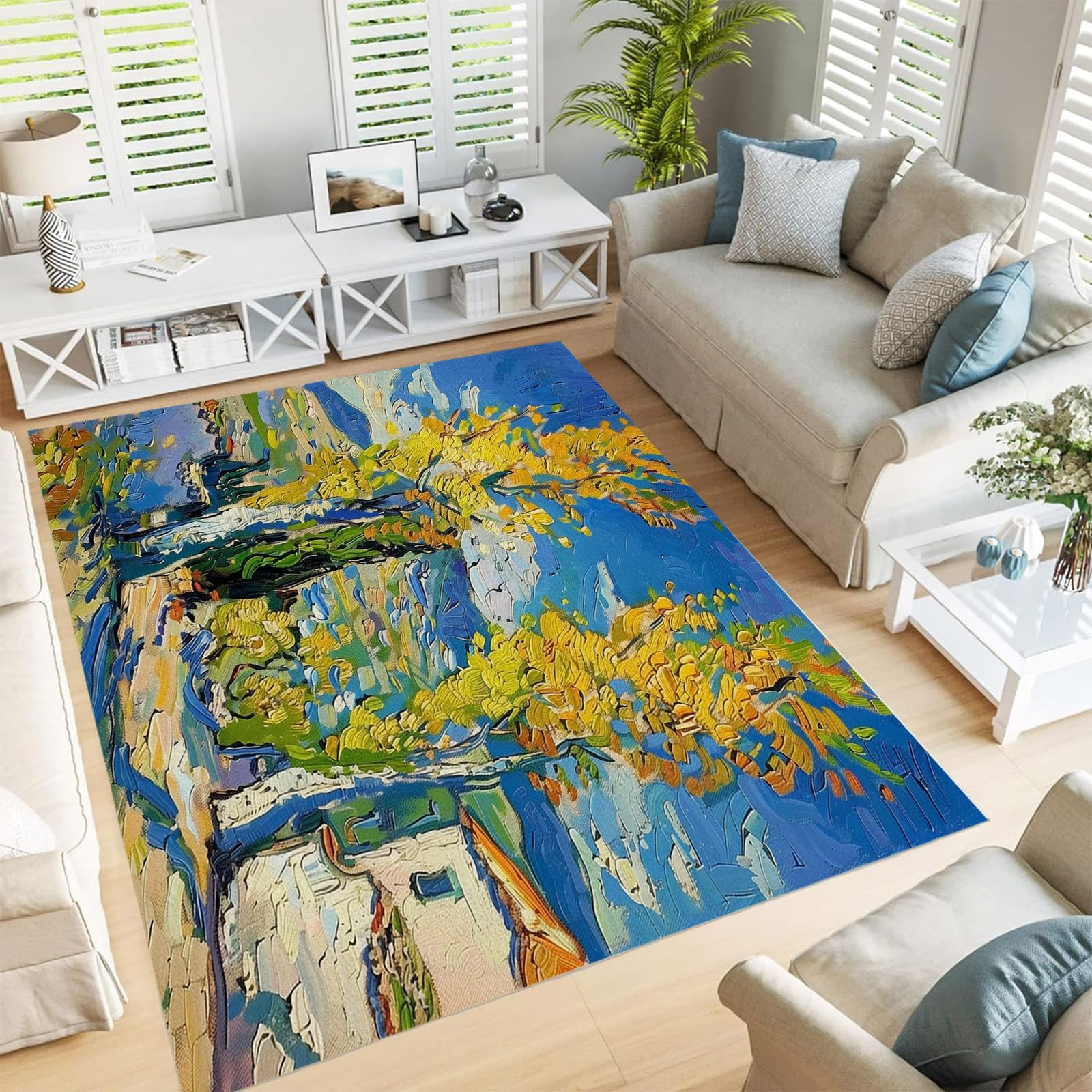 Tapis de salon lavable 120x180 cm motif peinture à l'huile buis pour salle à manger